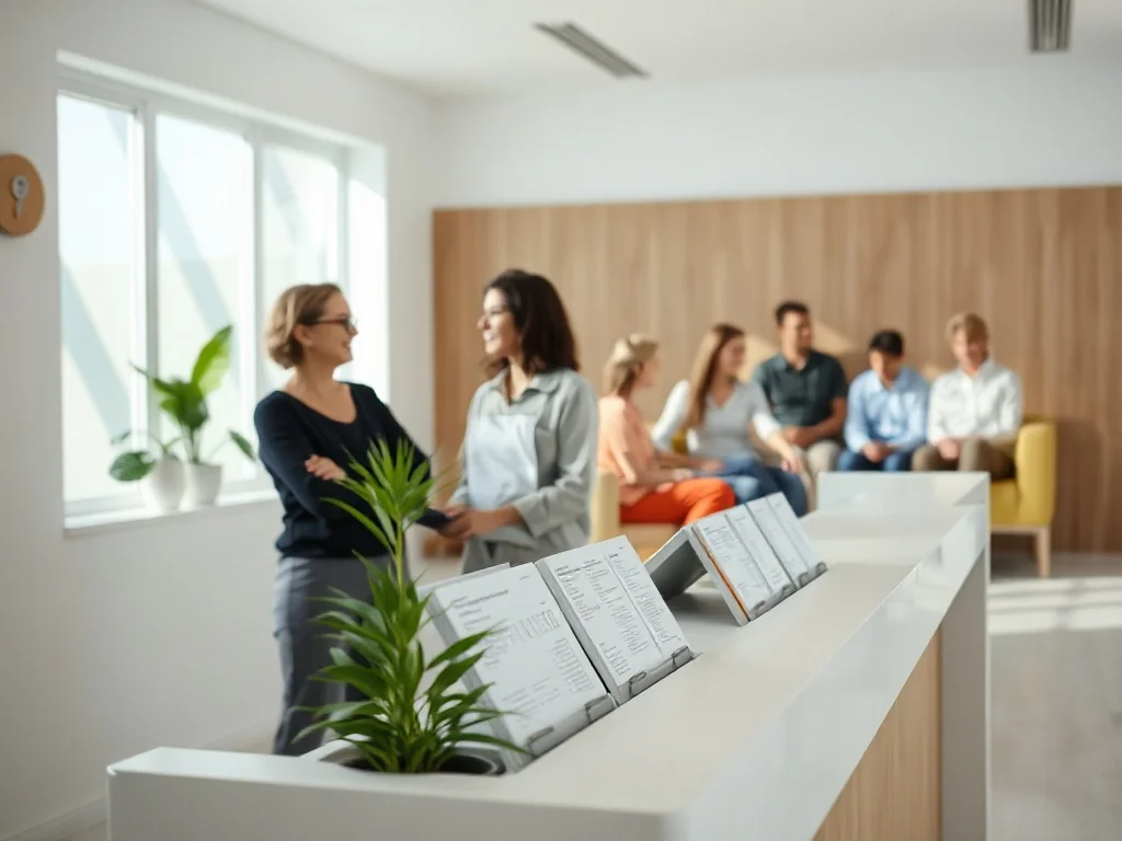 Recepcja nowoczesnej kliniki medycznej z singlem, parą i rodziną w poczekalni, podkreślająca ofertę pakietów dla różnych osób.