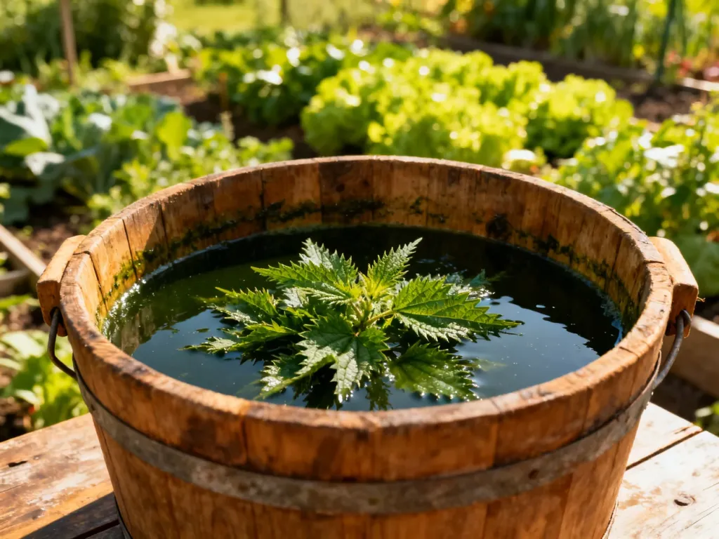 Drewniane wiadro z gnojówką z pokrzyw na tle słonecznego ogrodu warzywnego. Naturalny nawóz organiczny w ogrodzie.