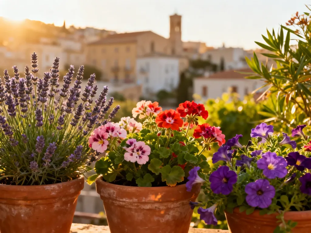 Słoneczny balkon z kwitnącymi pelargoniami, lawendą i petuniami w terakotowych donicach.