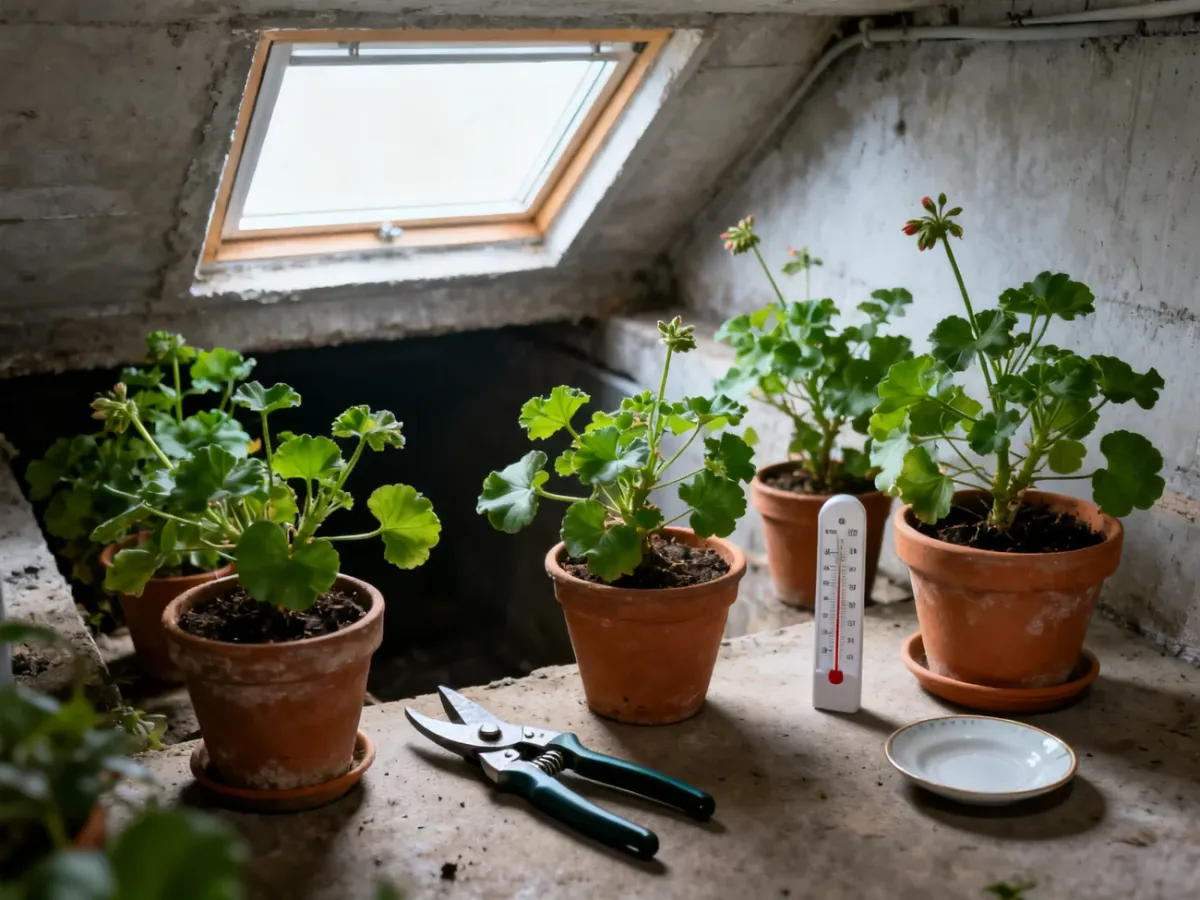 Przycięte pelargonie w doniczkach przygotowane do zimowania