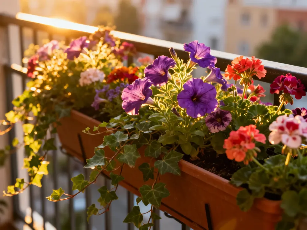 Skrzynka balkonowa wypełniona kolorowymi petuniami, pelargoniami i bluszczem w pełnym słońcu.