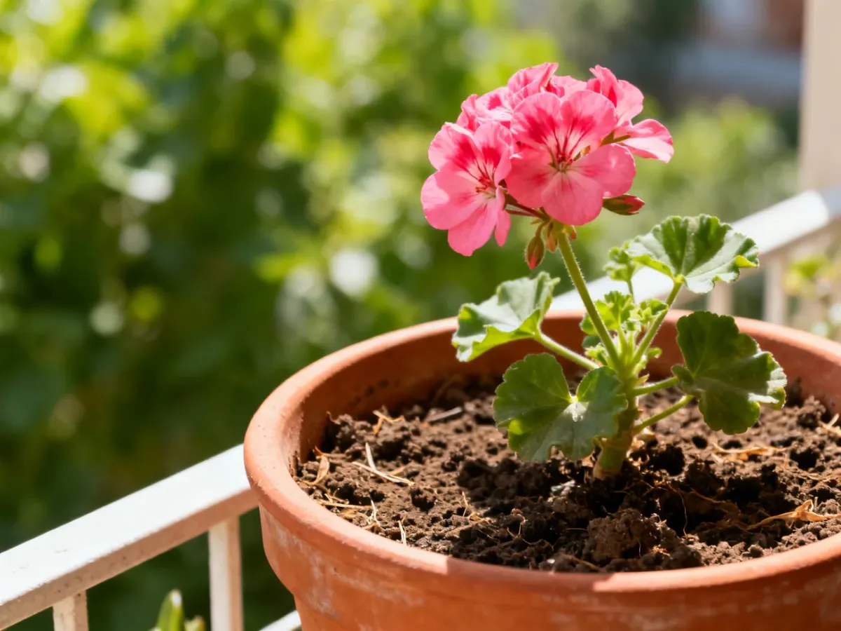 Kwitnąca pelargonia w doniczce na słonecznym balkonie