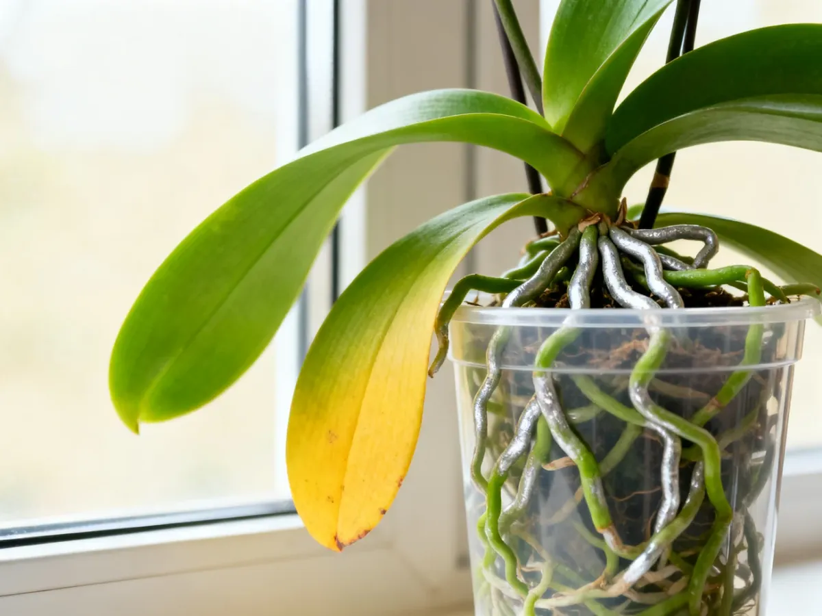 Storczyk Phalaenopsis z żółknącym dolnym liściem i zdrowymi korzeniami widocznymi przez przezroczystą doniczkę