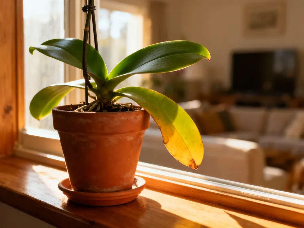 Storczyk Phalaenopsis w doniczce z widocznym żółknącym i opadającym liściem, sygnalizującym problemy z pielęgnacją rośliny.