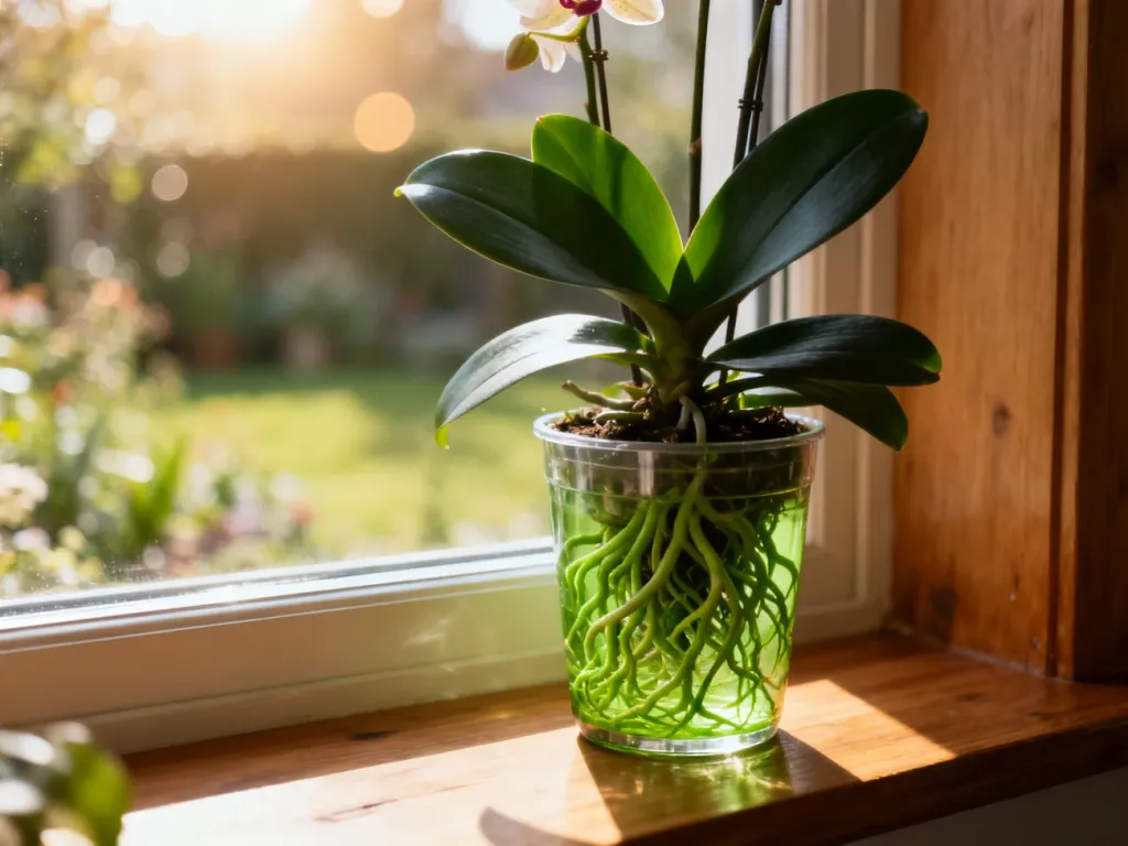 Zdrowy storczyk Phalaenopsis w przezroczystej doniczce z widocznymi zielonymi korzeniami, stojący na słonecznym parapecie.