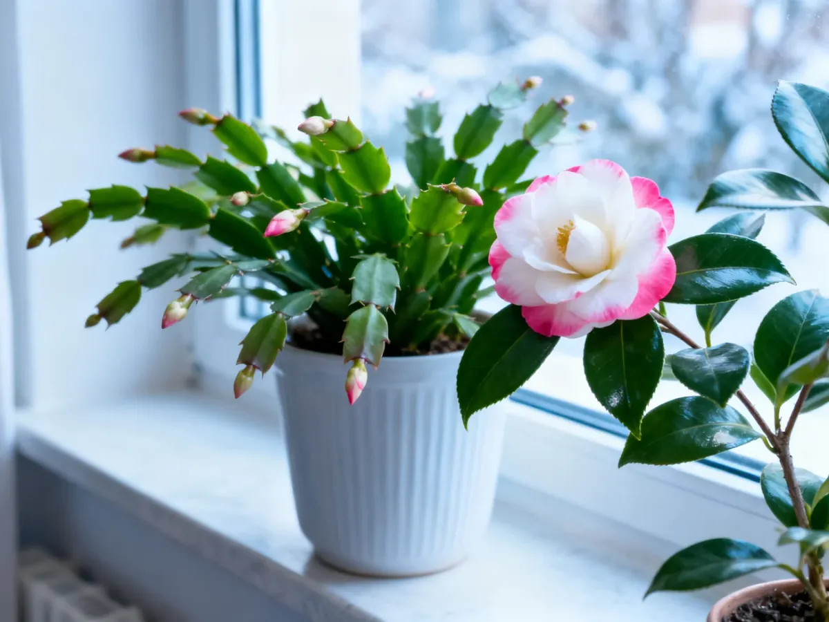 Szlumbergera i kamelia na jasnym, chłodnym parapecie
