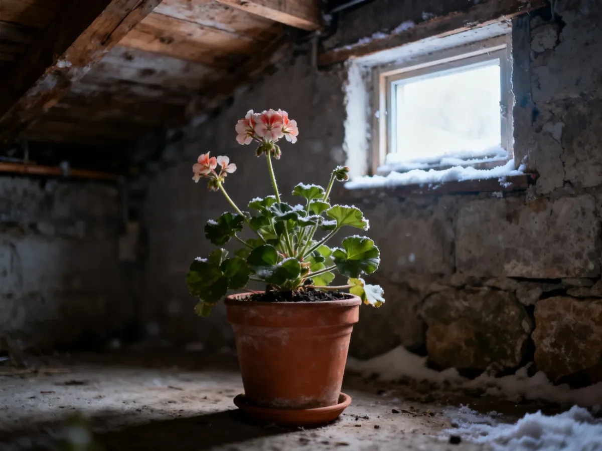 Zdrowa pelargonia w doniczce w chłodnej piwnicy z oknem