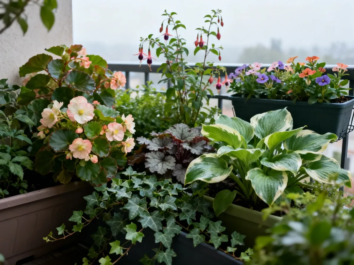 Bujny balkon północny z kwiatami i roślinami lubiącymi cień