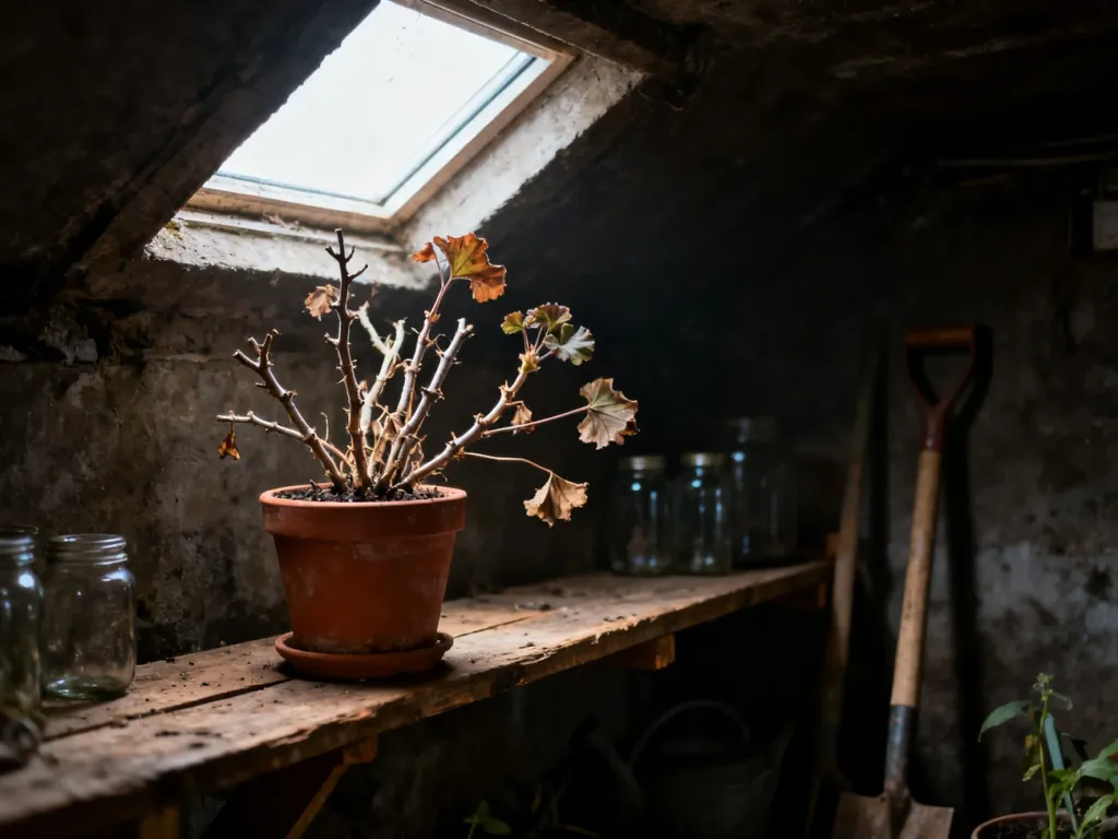 Przycięta pelargonia w doniczce odpoczywająca zimą na drewnianej półce w piwnicy.
